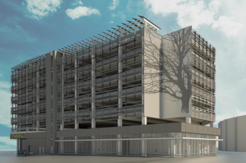 Architectural rendering of six story parking structure to be located near The Round.